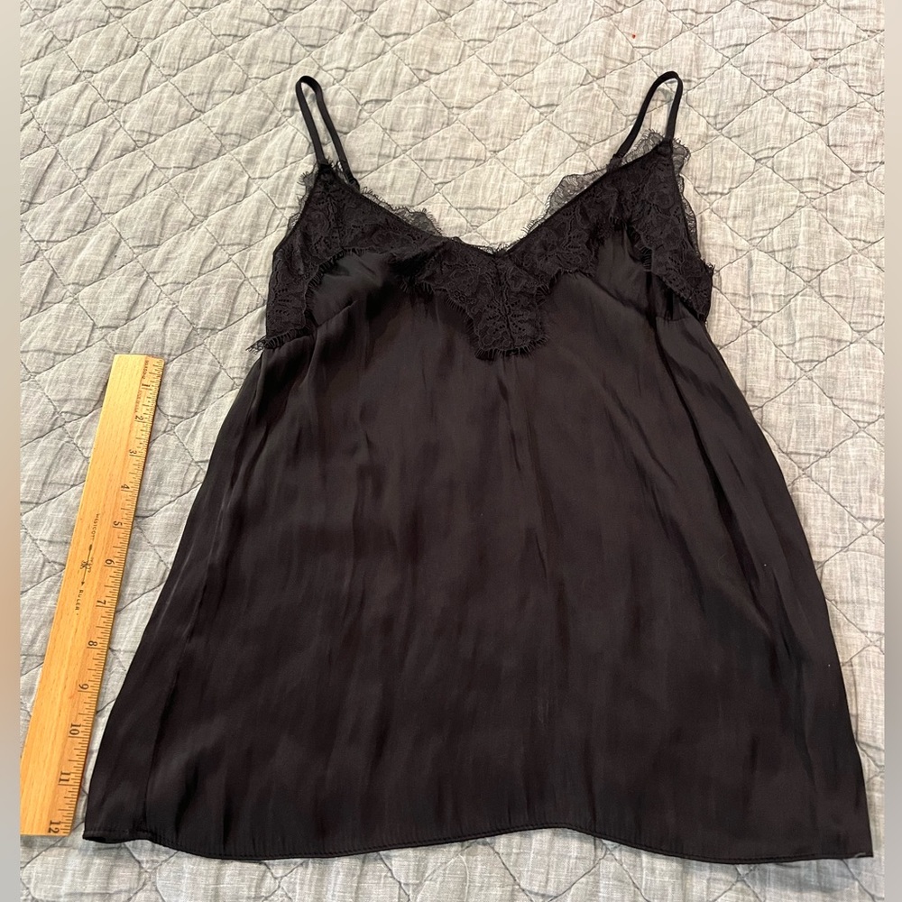 Black silk camisole with lace trim, size 2